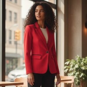 Vtg 80s Red Blazer Black‎ Trim Single Button Office Career Womens 6P (4) Holiday